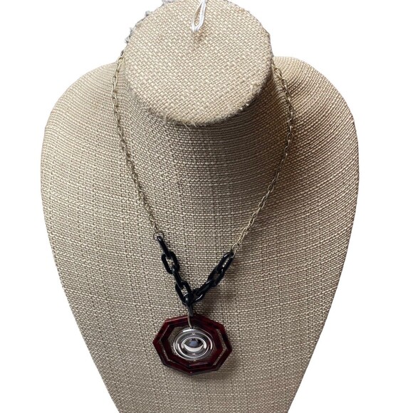 Red Tortoise Octagon Plastic Pendant Black Chunky Chain Silver Tone Necklace - Picture 1 of 4